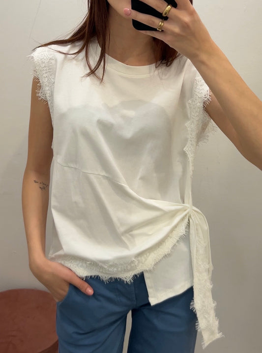 T-shirt manica corta con pizzo